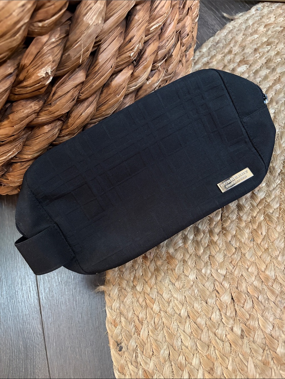 Burberry Black Men's Toiletry Bag with Signature Check Texture